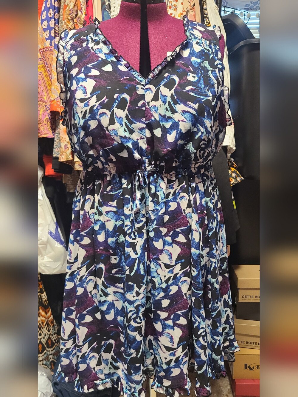 Womens Blue & Purple Print V-Neck Drawstring Dress